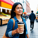A diverse woman, mid-shot, walking through a modern, vibrant urban market, holding a sleek reusable coffee cup, and carrying a stylish, full fabric tote bag over her shoulder. She is fully clothed in modest, appropriate attire, embodying a conscious consumer lifestyle. The market has bright natural lighting, fresh produce, and bulk dispensers in the background. Professional photography, high detail, sharp focus, natural pose, safe for work, appropriate content, family-friendly, perfect anatomy, correct proportions, well-formed hands, proper finger count, natural body proportions.