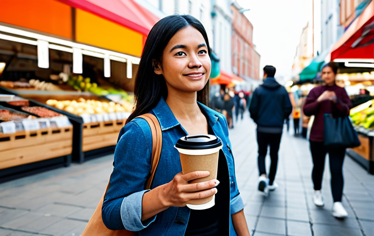 A diverse woman, mid-shot, walking through a modern, vibrant urban market, holding a sleek reusable coffee cup, and carrying a stylish, full fabric tote bag over her shoulder. She is fully clothed in modest, appropriate attire, embodying a conscious consumer lifestyle. The market has bright natural lighting, fresh produce, and bulk dispensers in the background. Professional photography, high detail, sharp focus, natural pose, safe for work, appropriate content, family-friendly, perfect anatomy, correct proportions, well-formed hands, proper finger count, natural body proportions.
