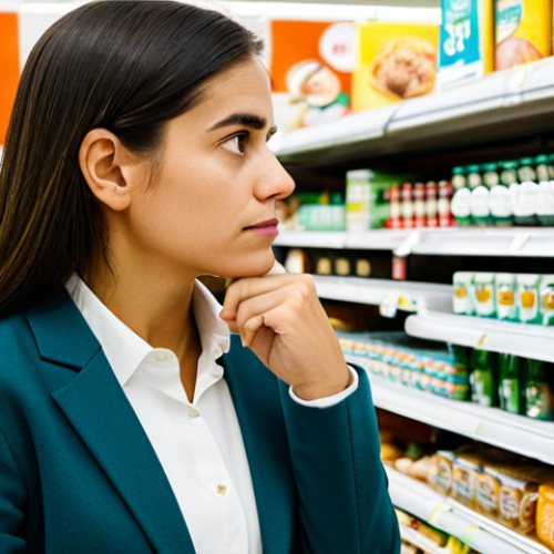 Home 6 A thoughtful young professional in appropriate business casual attire, standing in a brightly lit, modern Spanish supermarket aisle, contemplatively comparing a brightly packaged conventional product with a modestly designed sustainable alternative. She is holding both items, her expression reflecting a decision between initial cost and long-term value. The background shows typical supermarket shelves with various products. The image conveys a sense of everyday consumer choice. safe for work, appropriate content, fully clothed, professional, perfect anatomy, correct proportions, natural pose, well-formed hands, proper finger count, natural body proportions, high-quality, professional photography.