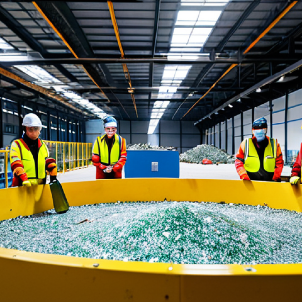Glass Recycling Plant**
"Interior of a modern glass recycling plant in Valencia, Spain. Workers in appropriate safety gear oversee the process of crushed glass being melted and molded into new bottles. Focus on the circular economy concept. Clean and efficient environment. Bright, industrial lighting. Safe for work, appropriate content, fully clothed, professional setting, perfect anatomy, natural proportions, high quality."
**