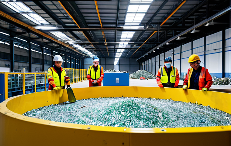 Glass Recycling Plant**
"Interior of a modern glass recycling plant in Valencia, Spain. Workers in appropriate safety gear oversee the process of crushed glass being melted and molded into new bottles. Focus on the circular economy concept. Clean and efficient environment. Bright, industrial lighting. Safe for work, appropriate content, fully clothed, professional setting, perfect anatomy, natural proportions, high quality."
**