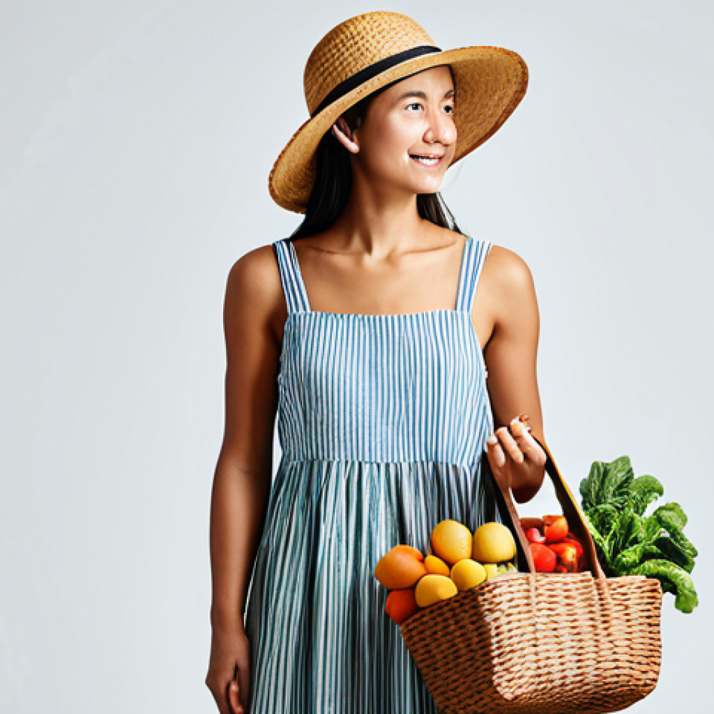 일회용품 대체 제품의 품질 비교 - **Prompt:** A woman with a reusable shopping bag made of organic cotton, filled with colorful fruits...