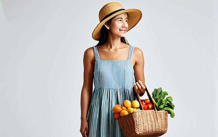 일회용품 대체 제품의 품질 비교 - **Prompt:** A woman with a reusable shopping bag made of organic cotton, filled with colorful fruits...