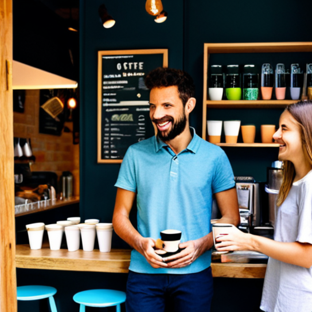 일회용컵 대체를 위한 지원 정책 - The Eco-Conscious Coffee Shop**
"A vibrant, modern coffee shop interior in Barcelona, Spain. Custom...