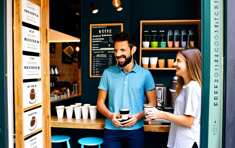 일회용컵 대체를 위한 지원 정책 - The Eco-Conscious Coffee Shop**
"A vibrant, modern coffee shop interior in Barcelona, Spain. Custom...