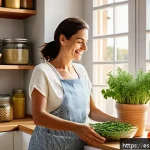Home 18 일회용품 대체 솔루션의 장기적 효과 - A bright, modern Spanish kitchen scene showcasing sustainable living: a cheerful adult woman using r...