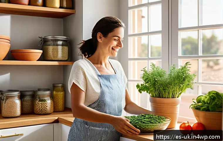 일회용품 대체 솔루션의 장기적 효과 - A bright, modern Spanish kitchen scene showcasing sustainable living: a cheerful adult woman using r...