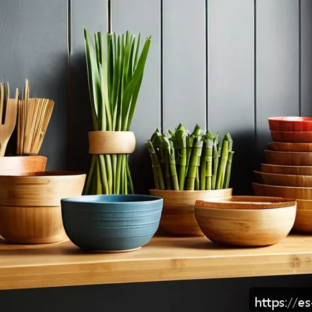 요리 시 사용할 수 있는 대체 용기 - A cozy, rustic kitchen scene featuring sustainable kitchenware made from natural bamboo fibers. Incl...