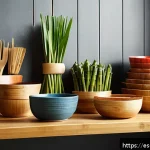 Home 23 요리 시 사용할 수 있는 대체 용기 - A cozy, rustic kitchen scene featuring sustainable kitchenware made from natural bamboo fibers. Incl...
