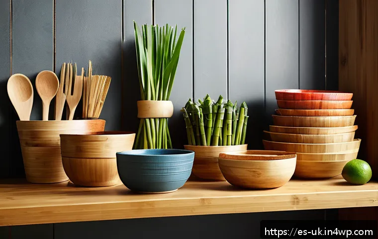 요리 시 사용할 수 있는 대체 용기 - A cozy, rustic kitchen scene featuring sustainable kitchenware made from natural bamboo fibers. Incl...