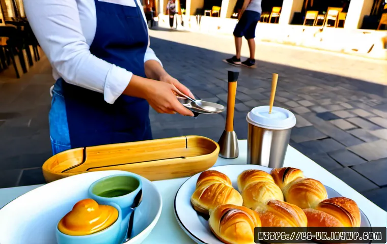 Home 17 일회용품 대체 솔루션에 대한 글로벌 트렌드 - Photorealistic sunlit outdoor café terrace in Barcelona, Spain, a server placing coffee in reusable ...