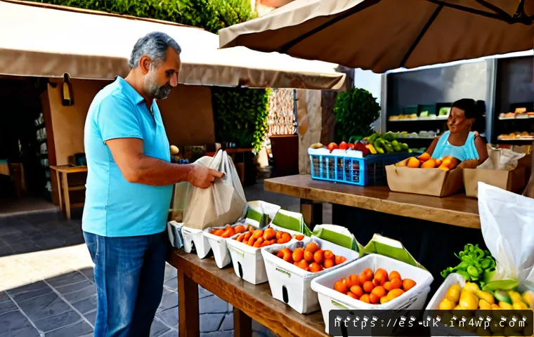 친환경 포장재 사용의 필요성 - Photorealistic sunny Spanish neighborhood grocery market, a middle-aged shopper placing fresh vegeta...