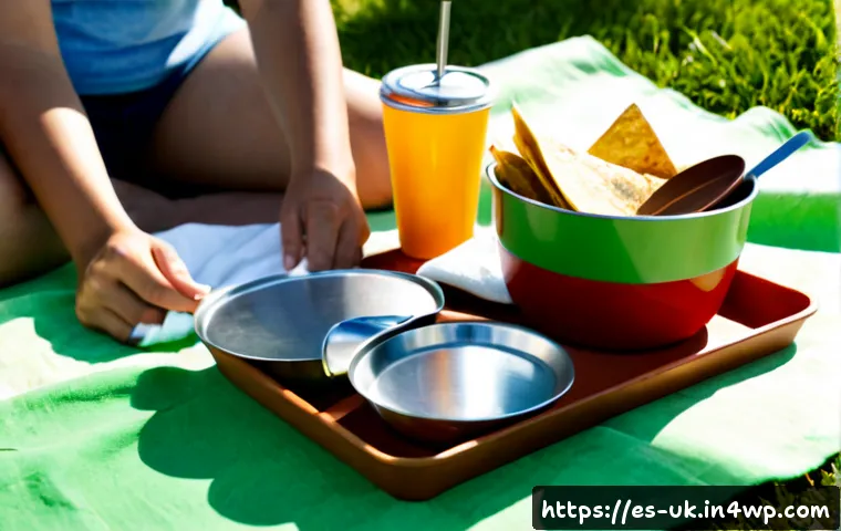 일회용 식기 대체를 위한 아이디어 - Photorealistic sunlit Spanish family picnic in a green public park, reusable stainless steel lunch c...