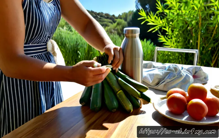 재사용 가능한 제품 선택의 중요성 - Photorealistic bright Spanish family kitchen, a reusable stainless steel water bottle, cloth shoppin...